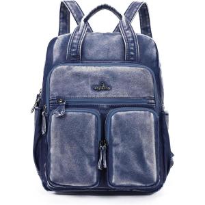 Angel Kiss Backpack Purse for Women Soft Washed Leather Multi Pocket Casual Travel Backpacks…(Navy-blue)