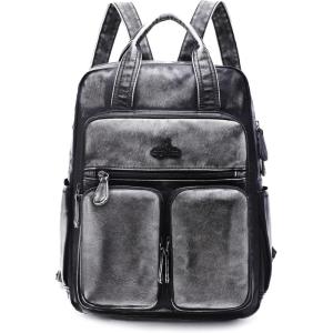 Angel Kiss Backpack Purse for Women Soft Washed Leather Multi Pocket Casual Travel Backpacks…(Retro-black)