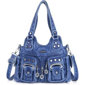 Angel Kiss Purses for Women Small Hobo Crossbody Bags Multi-Pocket Vegan Leather Hobo Handbags Tote Bag with Crossbody Strap(Retro Blue)