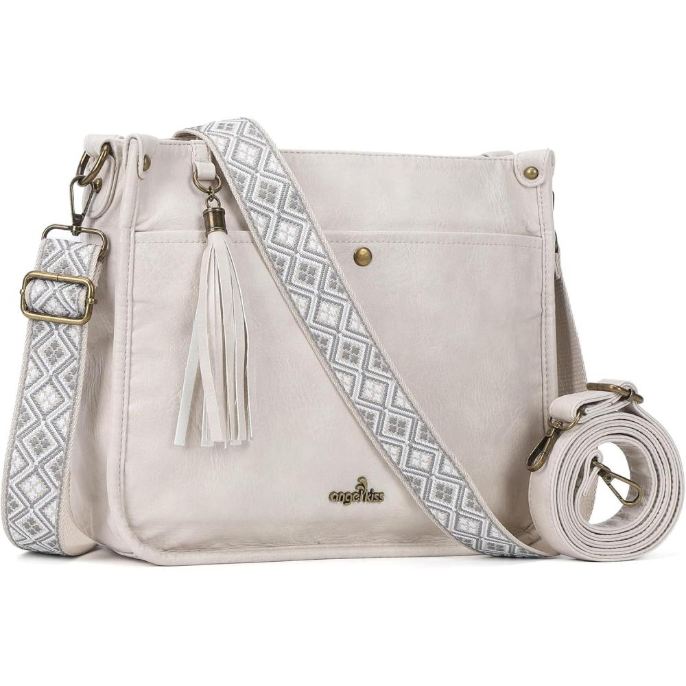 imageAngel Kiss Crossbody Bags for Women Trendy Vegan Leather Hobo Purses Shoulder Handbags Ladies Tassel Bag with Guitar StrapBeige