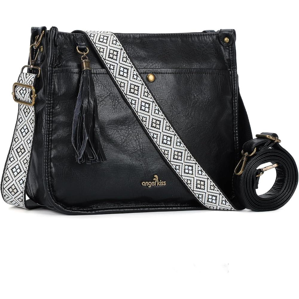 imageAngel Kiss Crossbody Bags for Women Trendy Vegan Leather Hobo Purses Shoulder Handbags Ladies Tassel Bag with Guitar StrapBlack