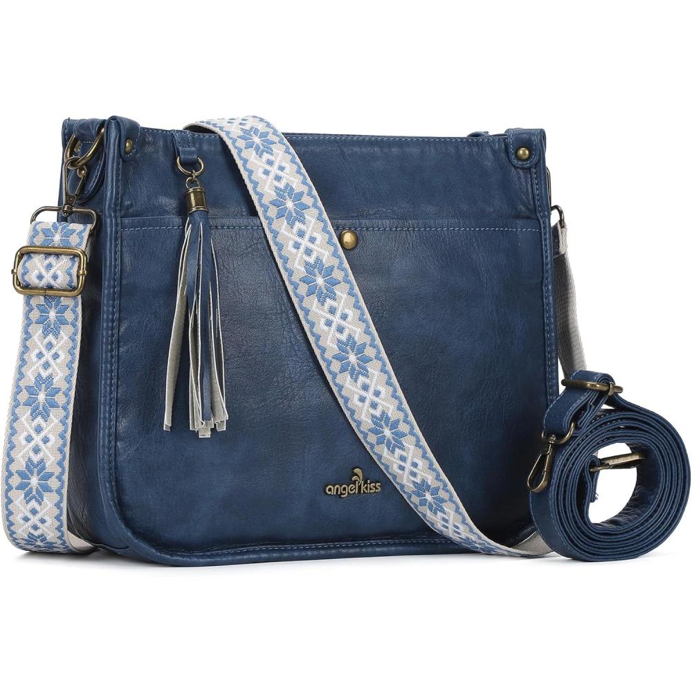 imageAngel Kiss Crossbody Bags for Women Trendy Vegan Leather Hobo Purses Shoulder Handbags Ladies Tassel Bag with Guitar StrapBlue