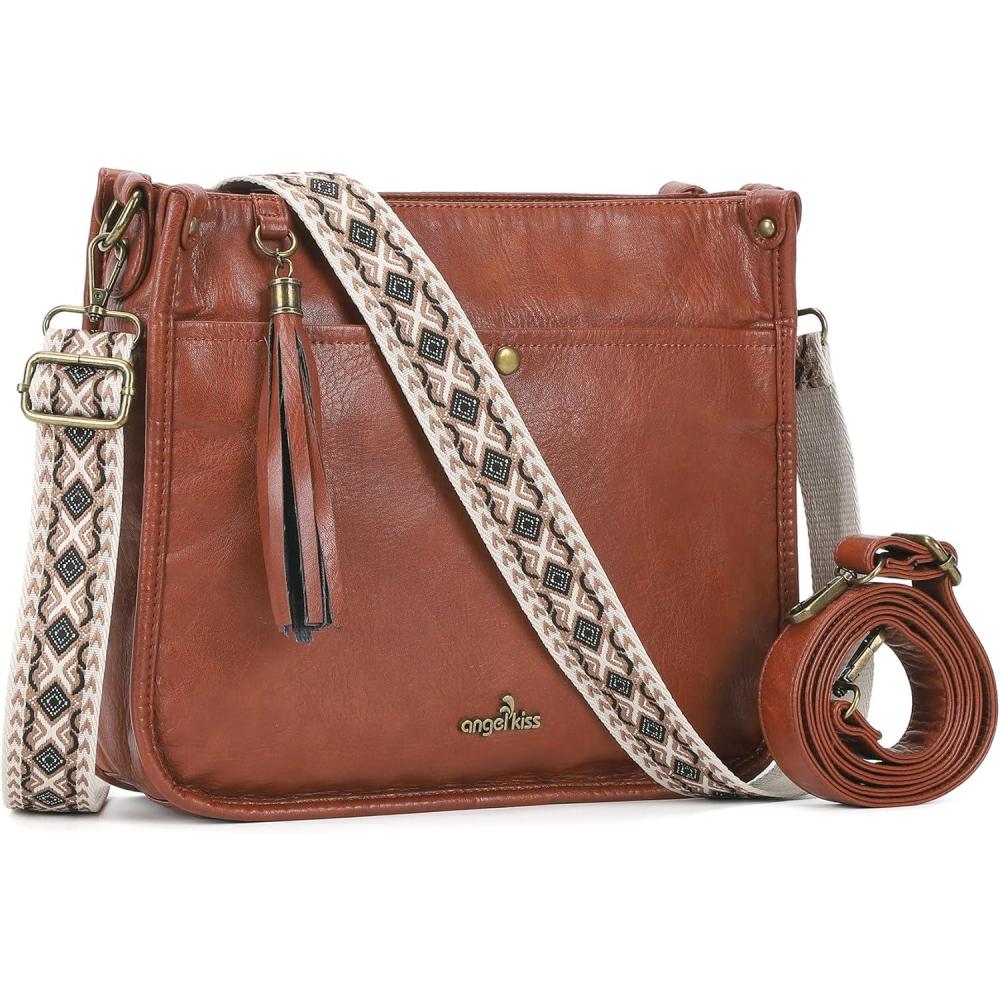 imageAngel Kiss Crossbody Bags for Women Trendy Vegan Leather Hobo Purses Shoulder Handbags Ladies Tassel Bag with Guitar StrapBrown