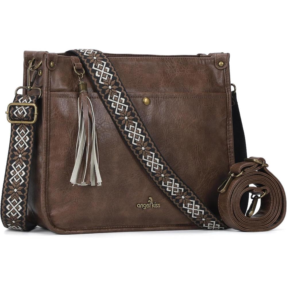 imageAngel Kiss Crossbody Bags for Women Trendy Vegan Leather Hobo Purses Shoulder Handbags Ladies Tassel Bag with Guitar StrapCoffee