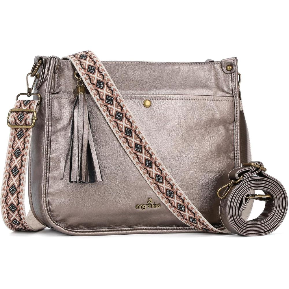 imageAngel Kiss Crossbody Bags for Women Trendy Vegan Leather Hobo Purses Shoulder Handbags Ladies Tassel Bag with Guitar StrapMetallic Grey