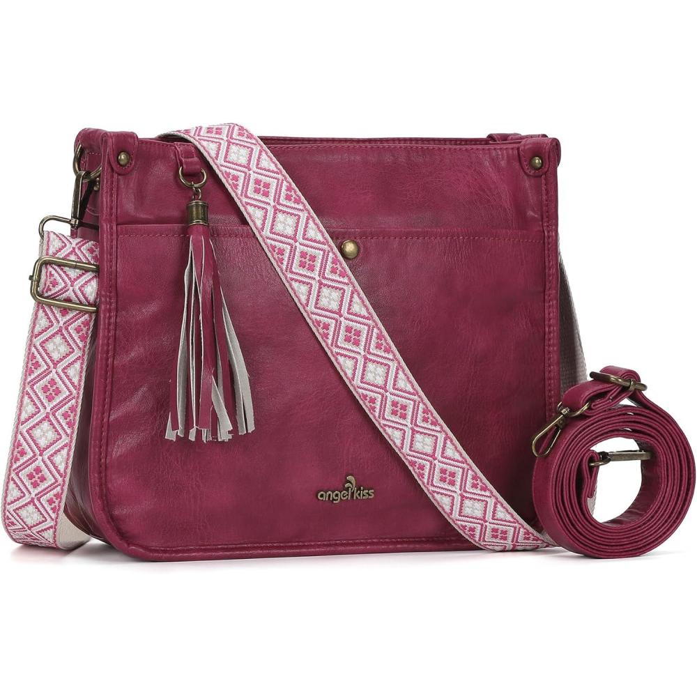 imageAngel Kiss Crossbody Bags for Women Trendy Vegan Leather Hobo Purses Shoulder Handbags Ladies Tassel Bag with Guitar StrapRose