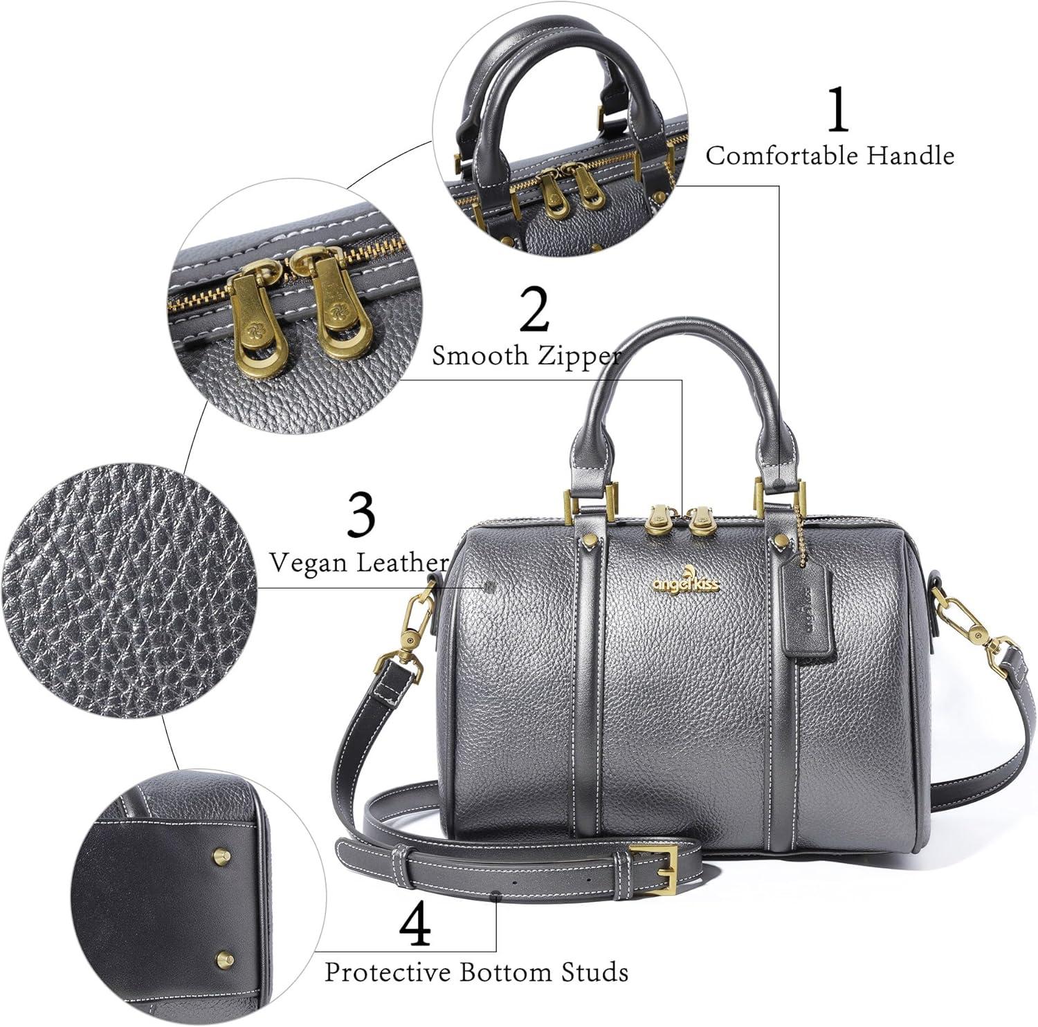 imageAngel Kiss Women Satchel Purses and Handbags Vegan Leather Boston Barrel Bag Top Handle Shoulder Purse with Crossbody Strap Vegan Leather Top Handle Crossbody StrapPewter