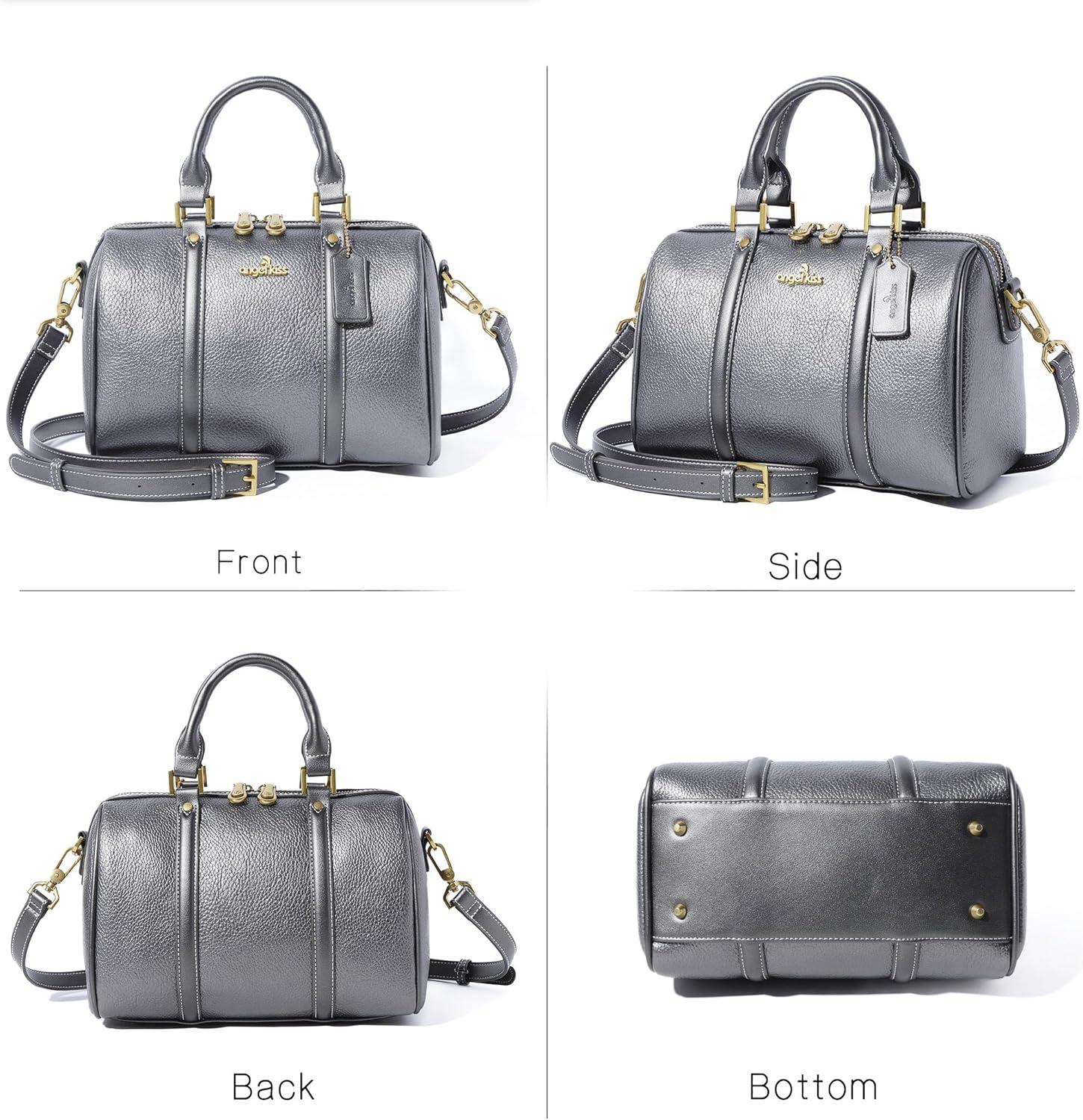 imageAngel Kiss Women Satchel Purses and Handbags Vegan Leather Boston Barrel Bag Top Handle Shoulder Purse with Crossbody Strap Vegan Leather Top Handle Crossbody StrapPewter