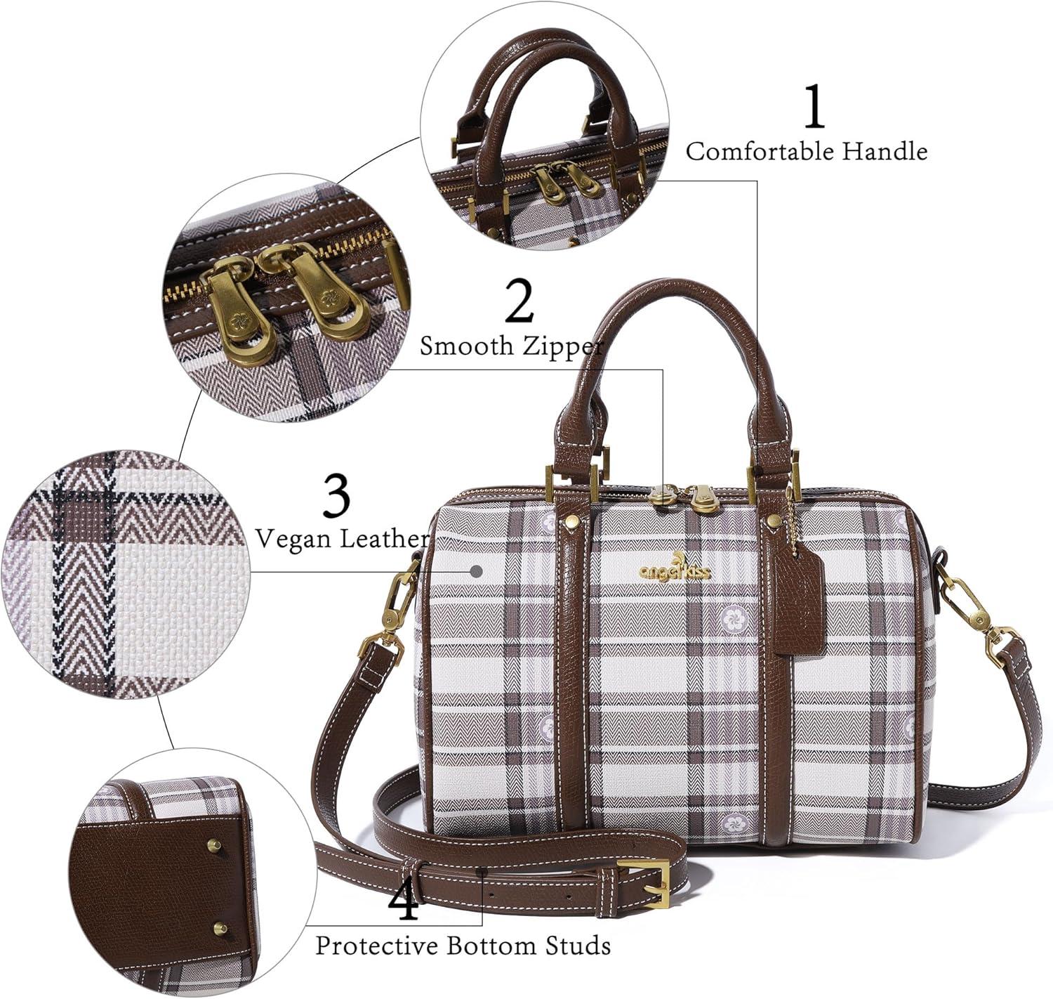 imageAngel Kiss Women Satchel Purses and Handbags Vegan Leather Boston Barrel Bag Top Handle Shoulder Purse with Crossbody Strap Vegan Leather Top Handle Crossbody StrapPlaid Taupe