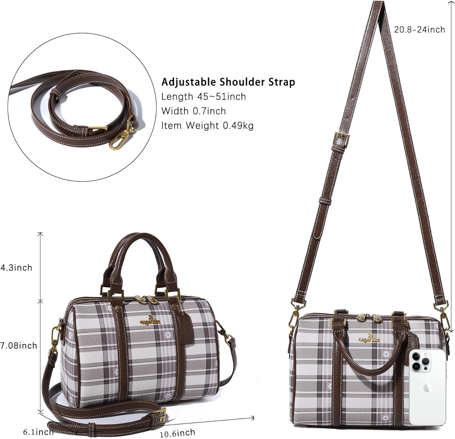 imageAngel Kiss Women Satchel Purses and Handbags Vegan Leather Boston Barrel Bag Top Handle Shoulder Purse with Crossbody Strap Vegan Leather Top Handle Crossbody StrapPlaid Taupe