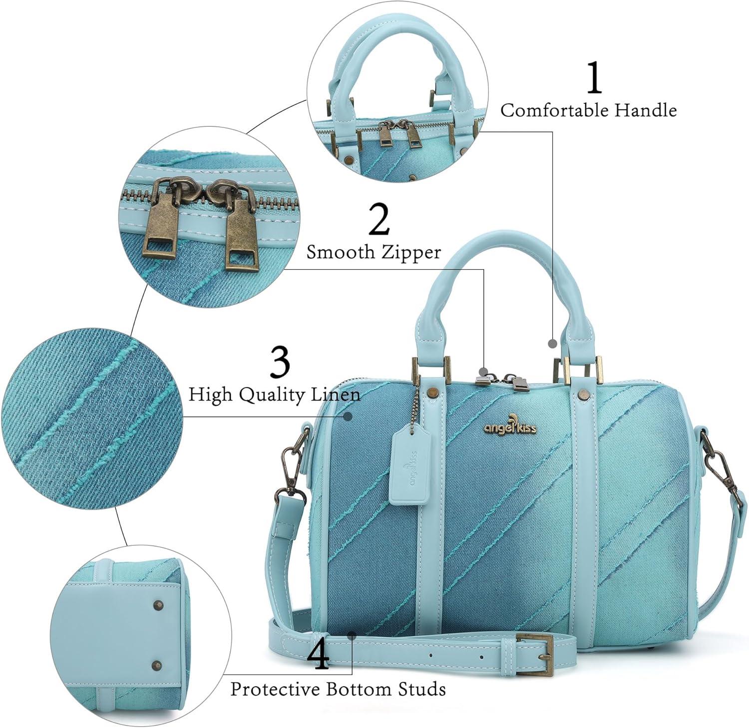 imageAngel Kiss Women Satchel Purses and Handbags Vegan Leather Boston Barrel Bag Top Handle Shoulder Purse with Crossbody Strap Vegan Leather Top Handle Crossbody StrapLight Blue