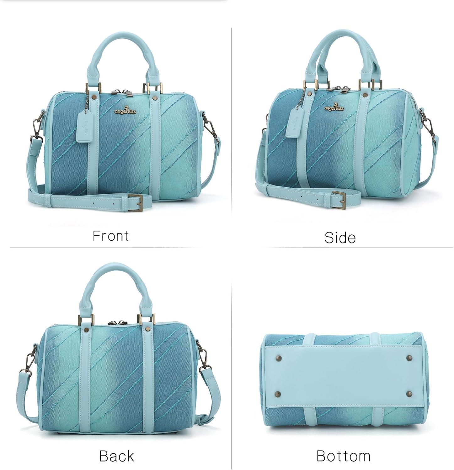 imageAngel Kiss Women Satchel Purses and Handbags Vegan Leather Boston Barrel Bag Top Handle Shoulder Purse with Crossbody Strap Vegan Leather Top Handle Crossbody StrapLight Blue