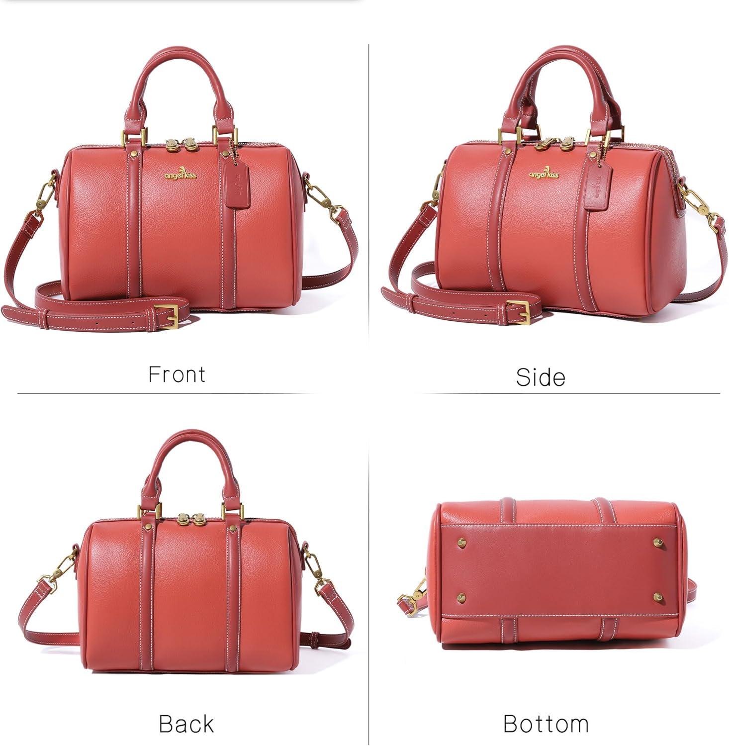 imageAngel Kiss Women Satchel Purses and Handbags Vegan Leather Boston Barrel Bag Top Handle Shoulder Purse with Crossbody Strap Vegan Leather Top Handle Crossbody StrapCoral