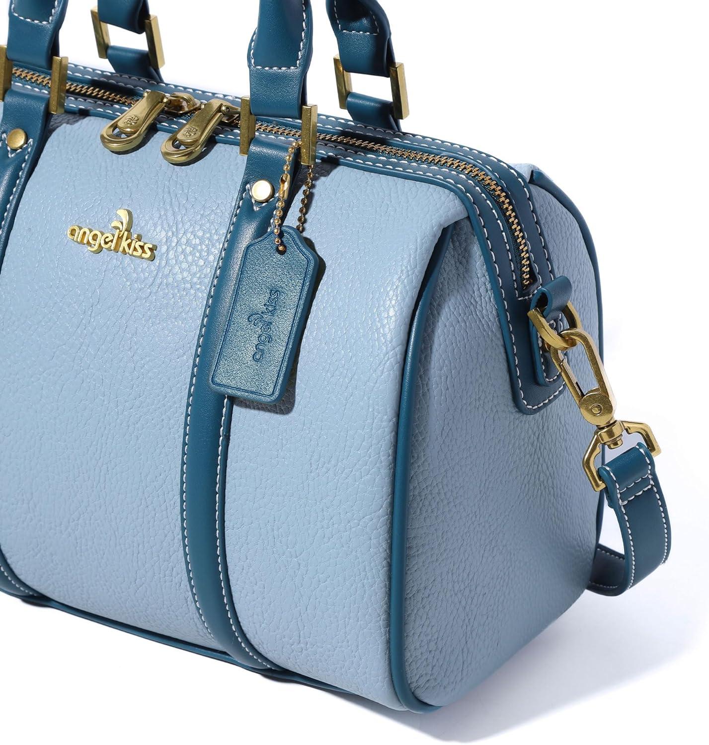 imageAngel Kiss Women Satchel Purses and Handbags Vegan Leather Boston Barrel Bag Top Handle Shoulder Purse with Crossbody Strap Vegan Leather Top Handle Crossbody StrapSky Blue