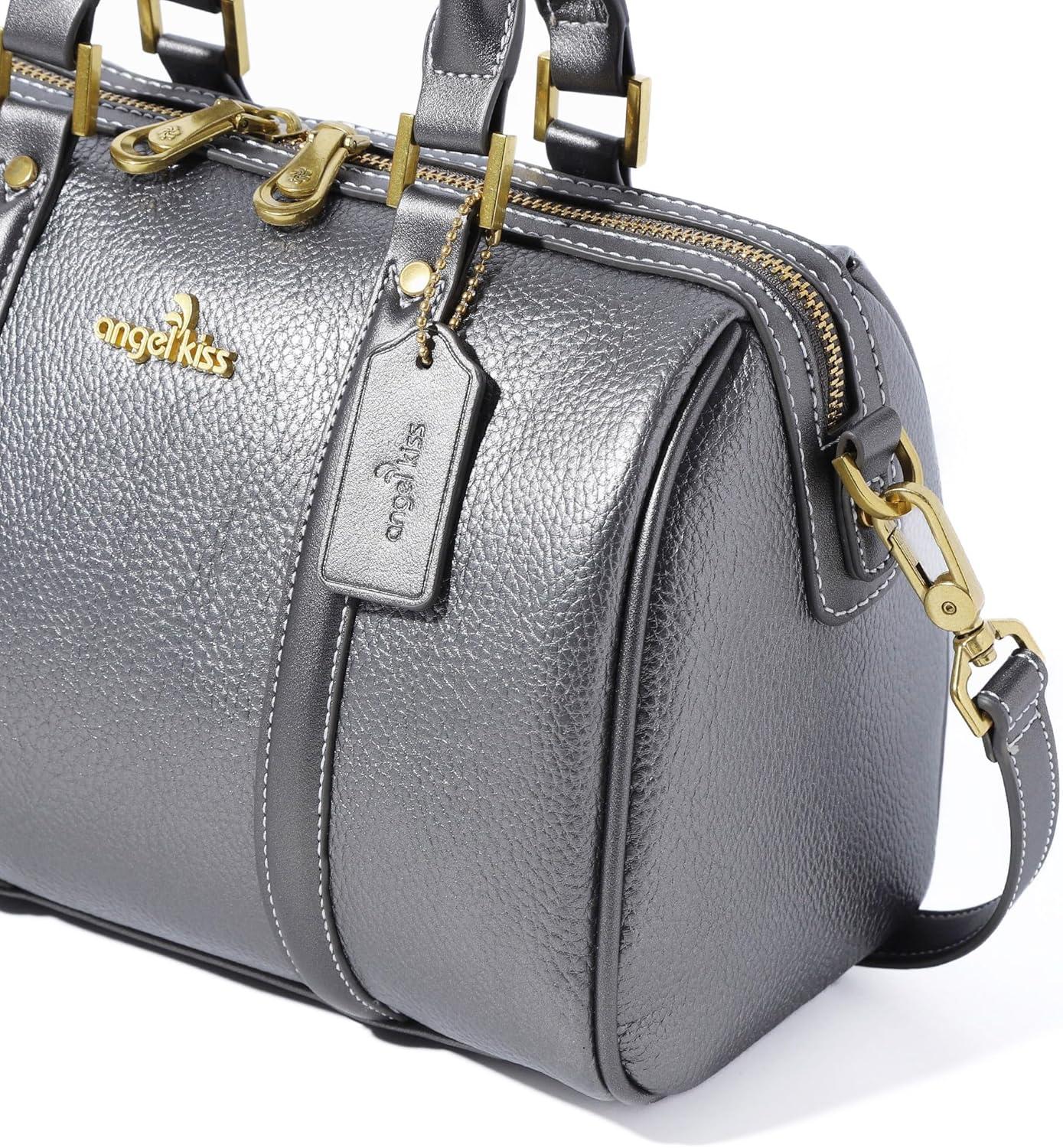 imageAngel Kiss Women Satchel Purses and Handbags Vegan Leather Boston Barrel Bag Top Handle Shoulder Purse with Crossbody Strap Vegan Leather Top Handle Crossbody StrapPewter