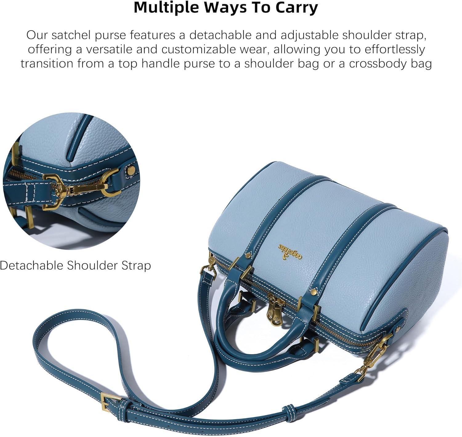 imageAngel Kiss Women Satchel Purses and Handbags Vegan Leather Boston Barrel Bag Top Handle Shoulder Purse with Crossbody Strap Vegan Leather Top Handle Crossbody StrapSky Blue