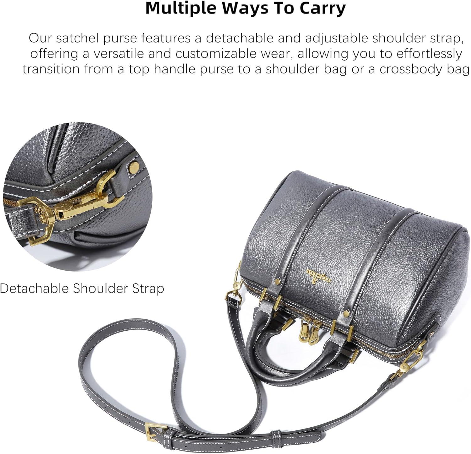 imageAngel Kiss Women Satchel Purses and Handbags Vegan Leather Boston Barrel Bag Top Handle Shoulder Purse with Crossbody Strap Vegan Leather Top Handle Crossbody StrapPewter