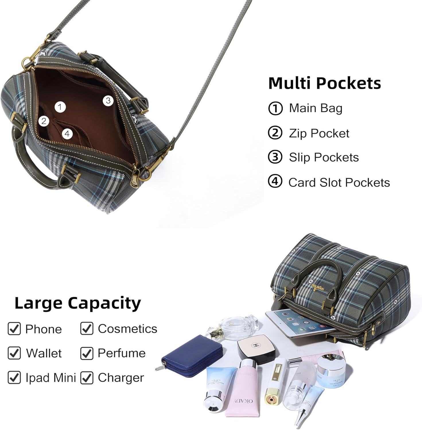 imageAngel Kiss Women Satchel Purses and Handbags Vegan Leather Boston Barrel Bag Top Handle Shoulder Purse with Crossbody Strap Vegan Leather Top Handle Crossbody StrapPlaid Green