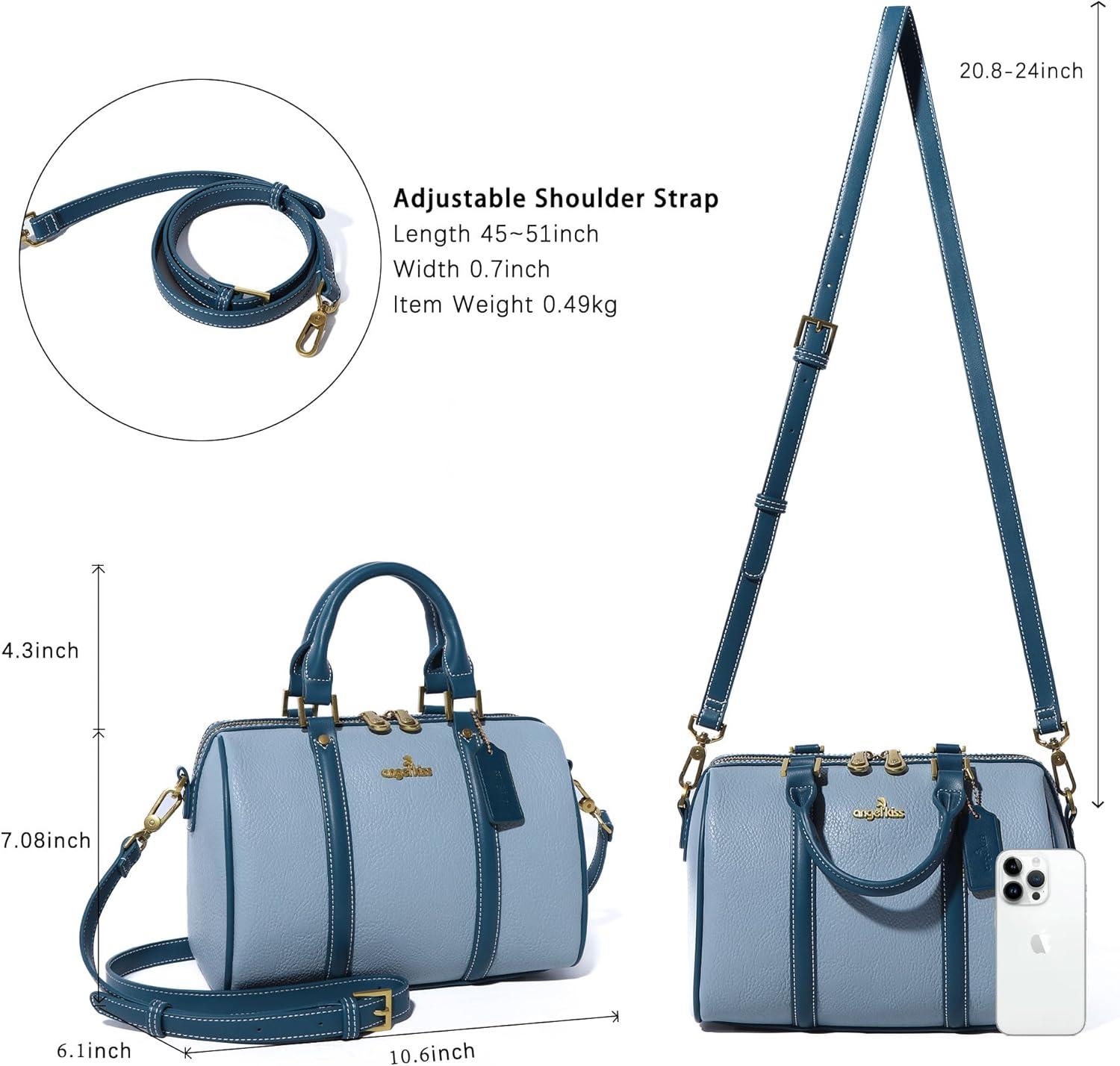 imageAngel Kiss Women Satchel Purses and Handbags Vegan Leather Boston Barrel Bag Top Handle Shoulder Purse with Crossbody Strap Vegan Leather Top Handle Crossbody StrapSky Blue