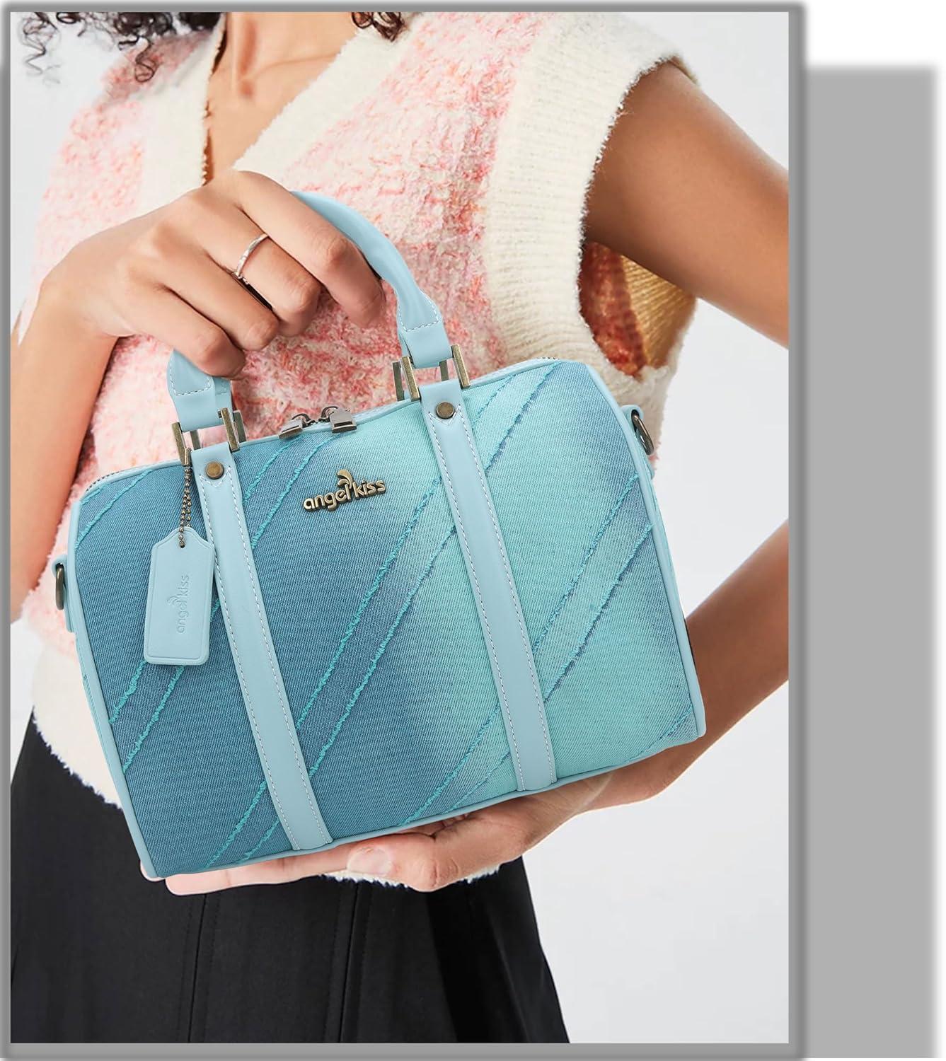 imageAngel Kiss Women Satchel Purses and Handbags Vegan Leather Boston Barrel Bag Top Handle Shoulder Purse with Crossbody Strap Vegan Leather Top Handle Crossbody StrapLight Blue