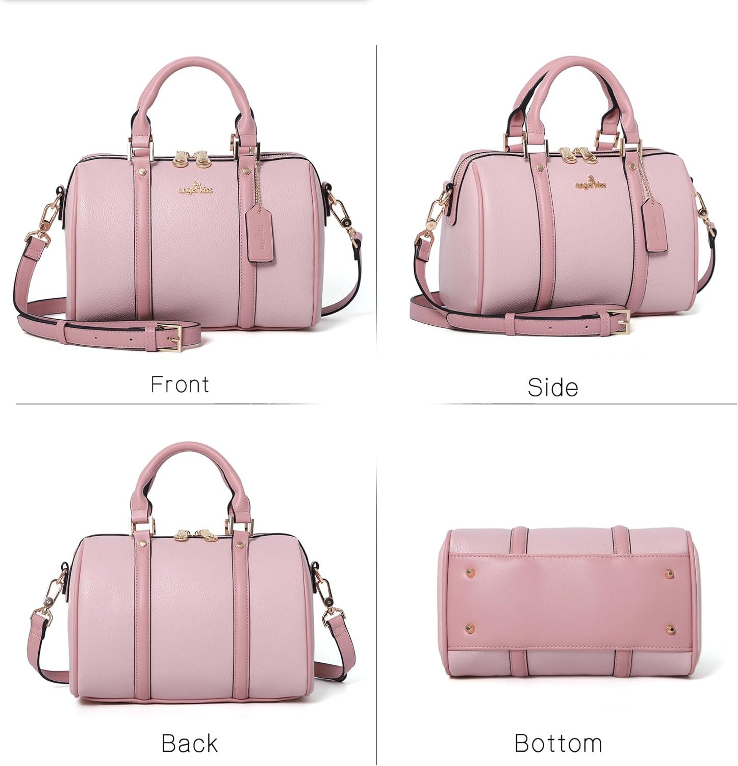 imageAngel Kiss Women Satchel Purses and Handbags Vegan Leather Boston Barrel Bag Top Handle Shoulder Purse with Crossbody Strap Vegan Leather Top Handle Crossbody StrapPink