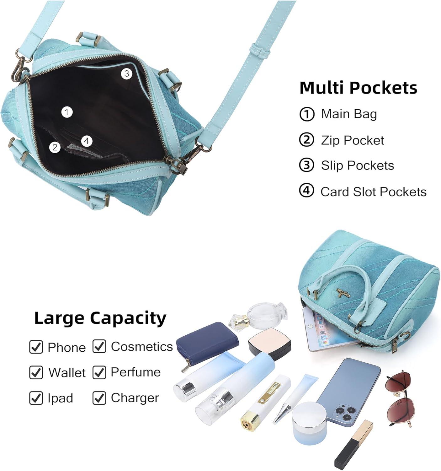 imageAngel Kiss Women Satchel Purses and Handbags Vegan Leather Boston Barrel Bag Top Handle Shoulder Purse with Crossbody Strap Vegan Leather Top Handle Crossbody StrapLight Blue