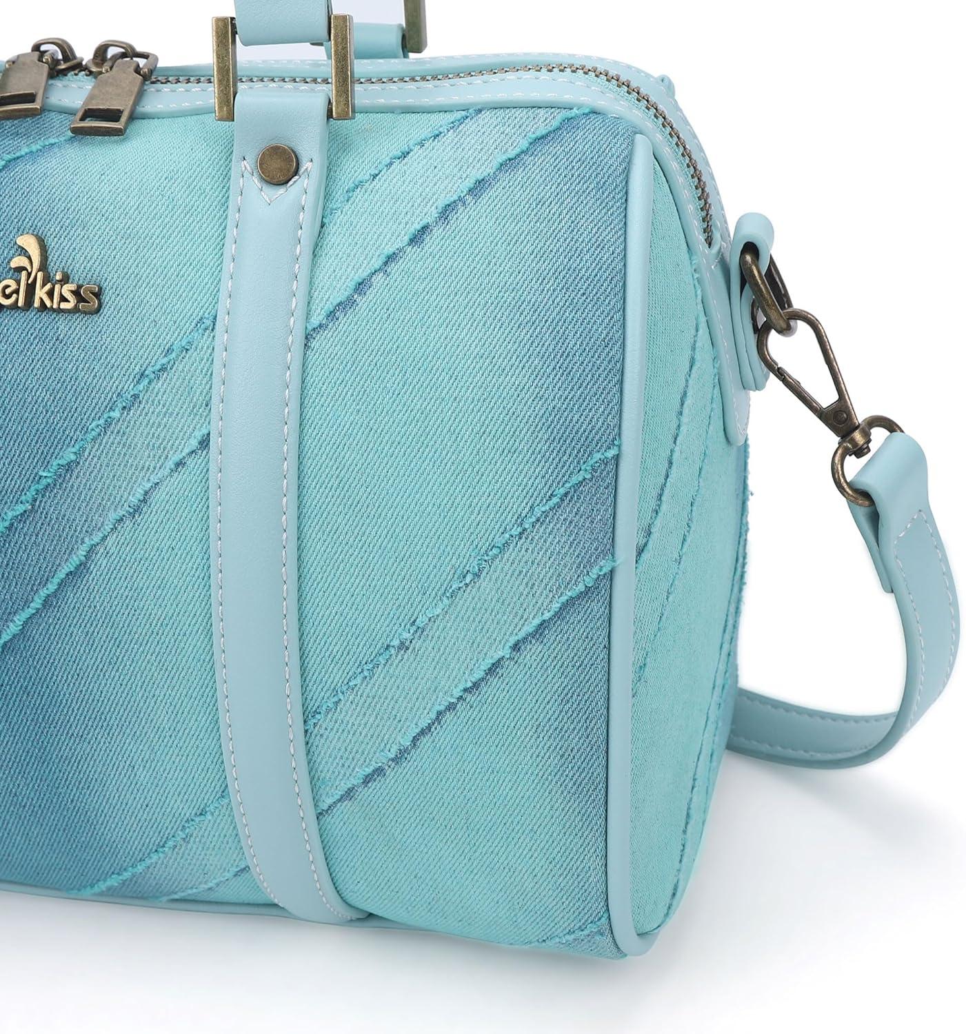 imageAngel Kiss Women Satchel Purses and Handbags Vegan Leather Boston Barrel Bag Top Handle Shoulder Purse with Crossbody Strap Vegan Leather Top Handle Crossbody StrapLight Blue