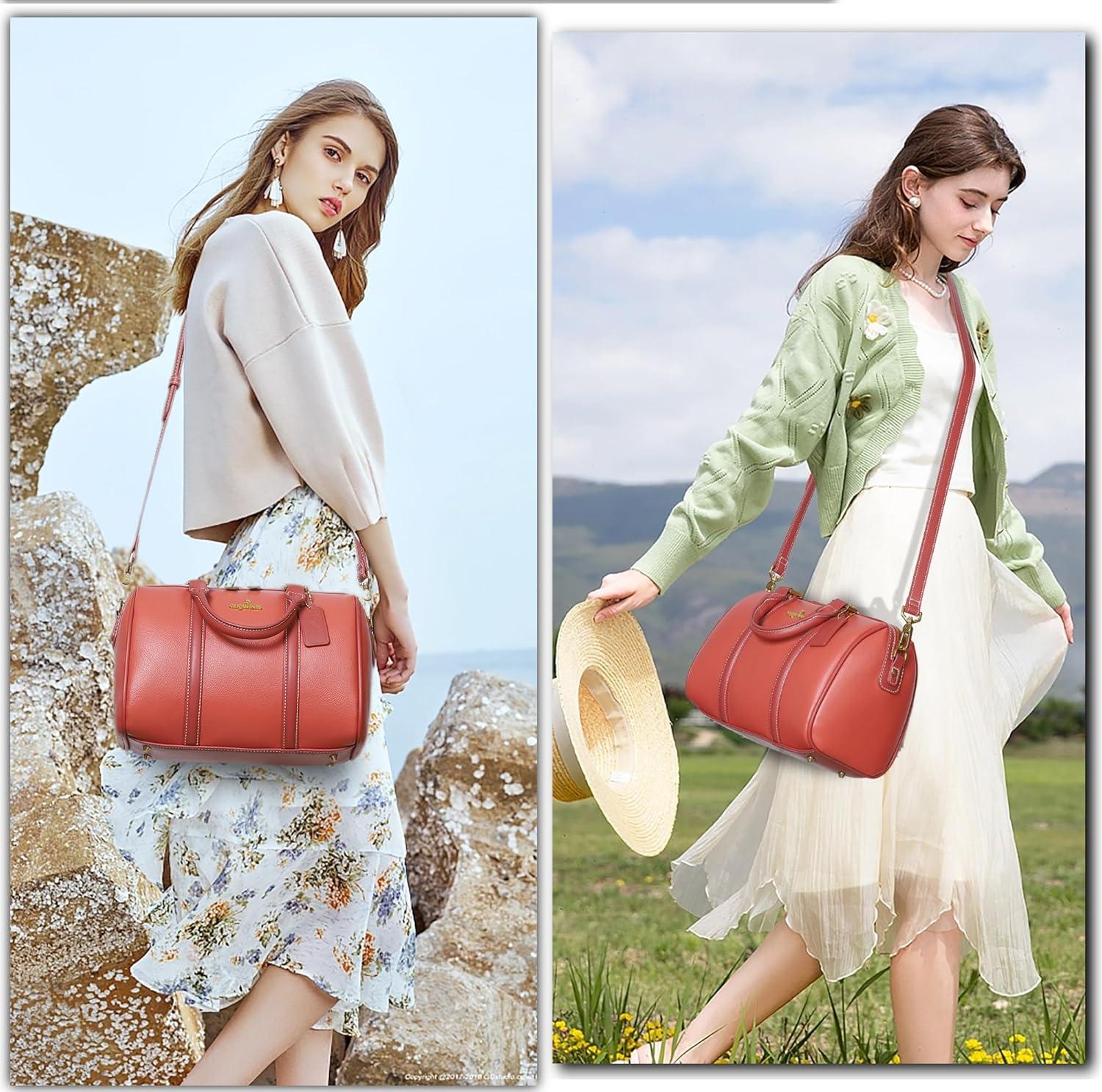 imageAngel Kiss Women Satchel Purses and Handbags Vegan Leather Boston Barrel Bag Top Handle Shoulder Purse with Crossbody Strap Vegan Leather Top Handle Crossbody StrapCoral