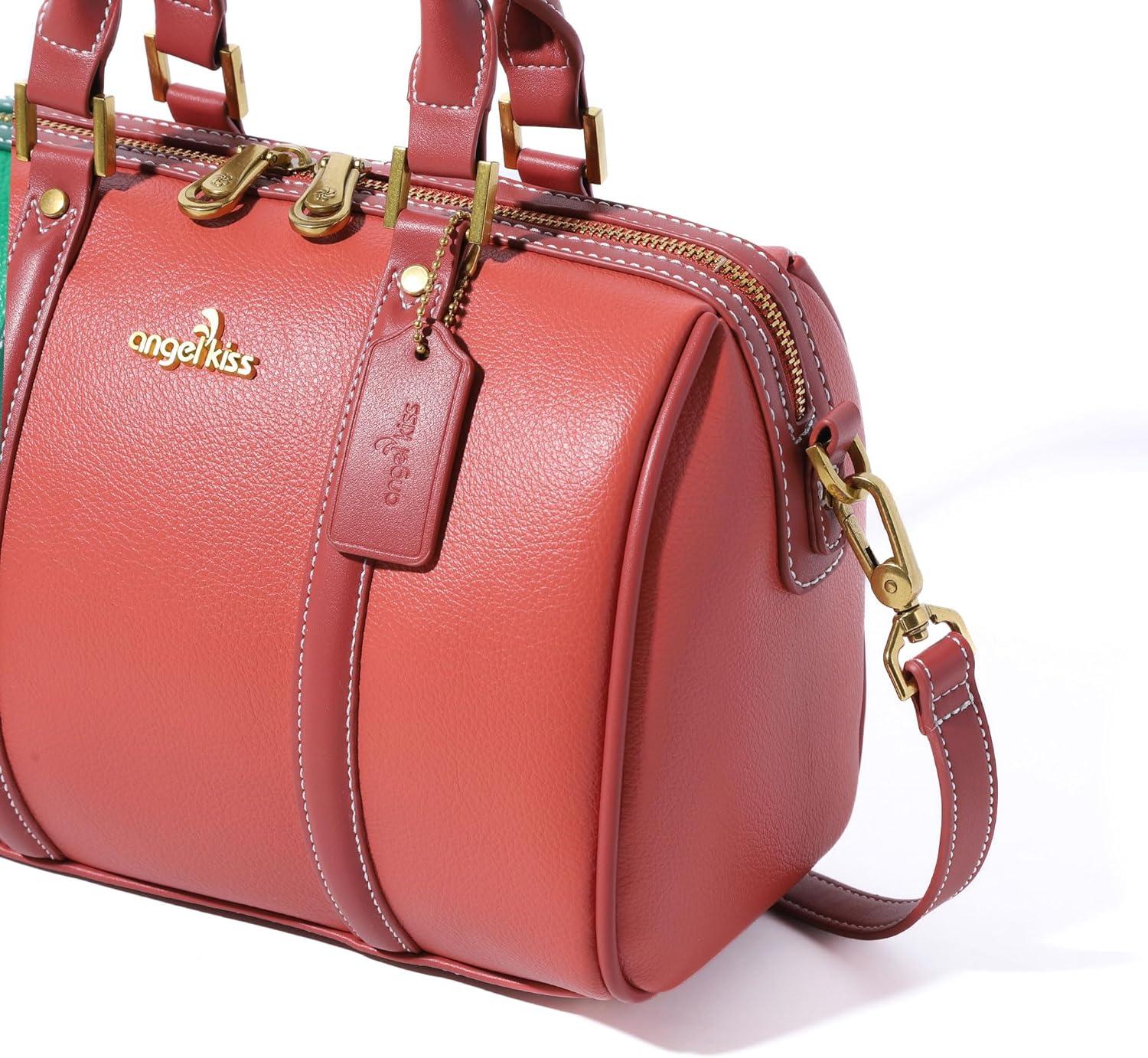 imageAngel Kiss Women Satchel Purses and Handbags Vegan Leather Boston Barrel Bag Top Handle Shoulder Purse with Crossbody Strap Vegan Leather Top Handle Crossbody StrapCoral