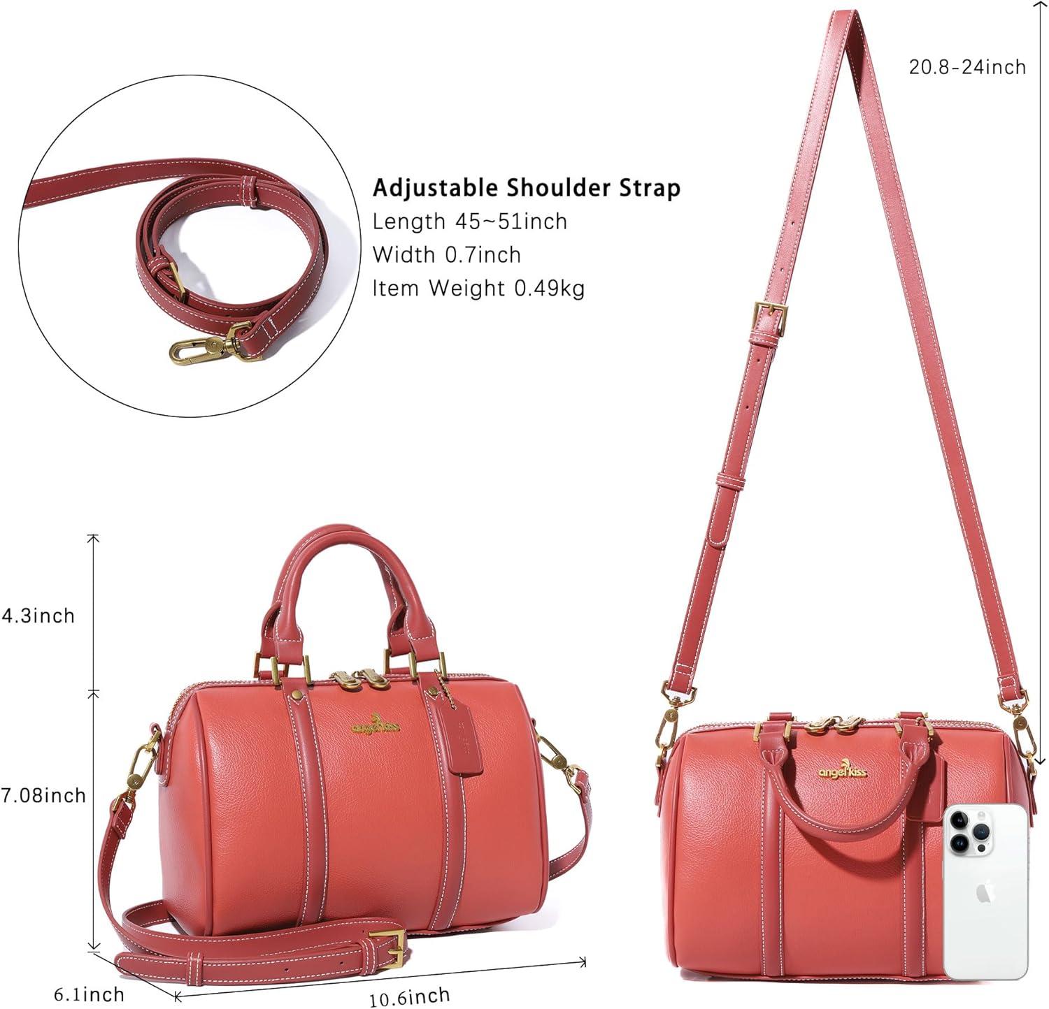 imageAngel Kiss Women Satchel Purses and Handbags Vegan Leather Boston Barrel Bag Top Handle Shoulder Purse with Crossbody Strap Vegan Leather Top Handle Crossbody StrapCoral