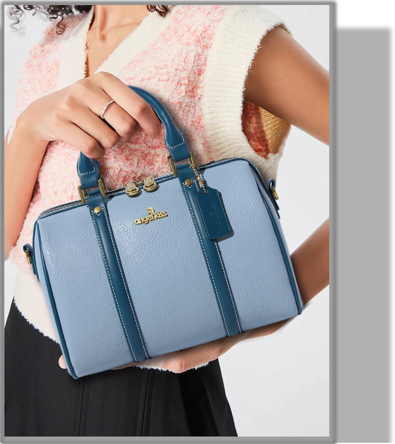 imageAngel Kiss Women Satchel Purses and Handbags Vegan Leather Boston Barrel Bag Top Handle Shoulder Purse with Crossbody Strap Vegan Leather Top Handle Crossbody StrapSky Blue