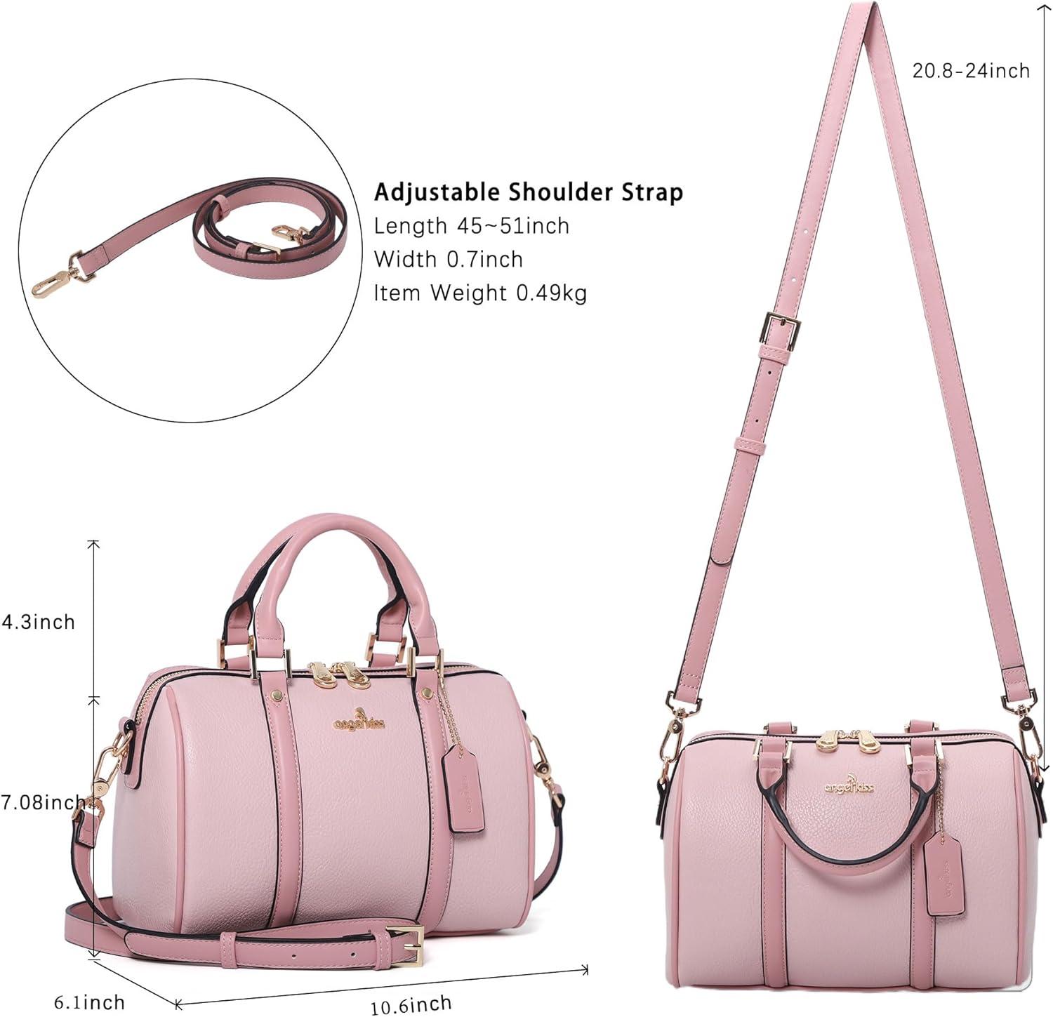 imageAngel Kiss Women Satchel Purses and Handbags Vegan Leather Boston Barrel Bag Top Handle Shoulder Purse with Crossbody Strap Vegan Leather Top Handle Crossbody StrapPink