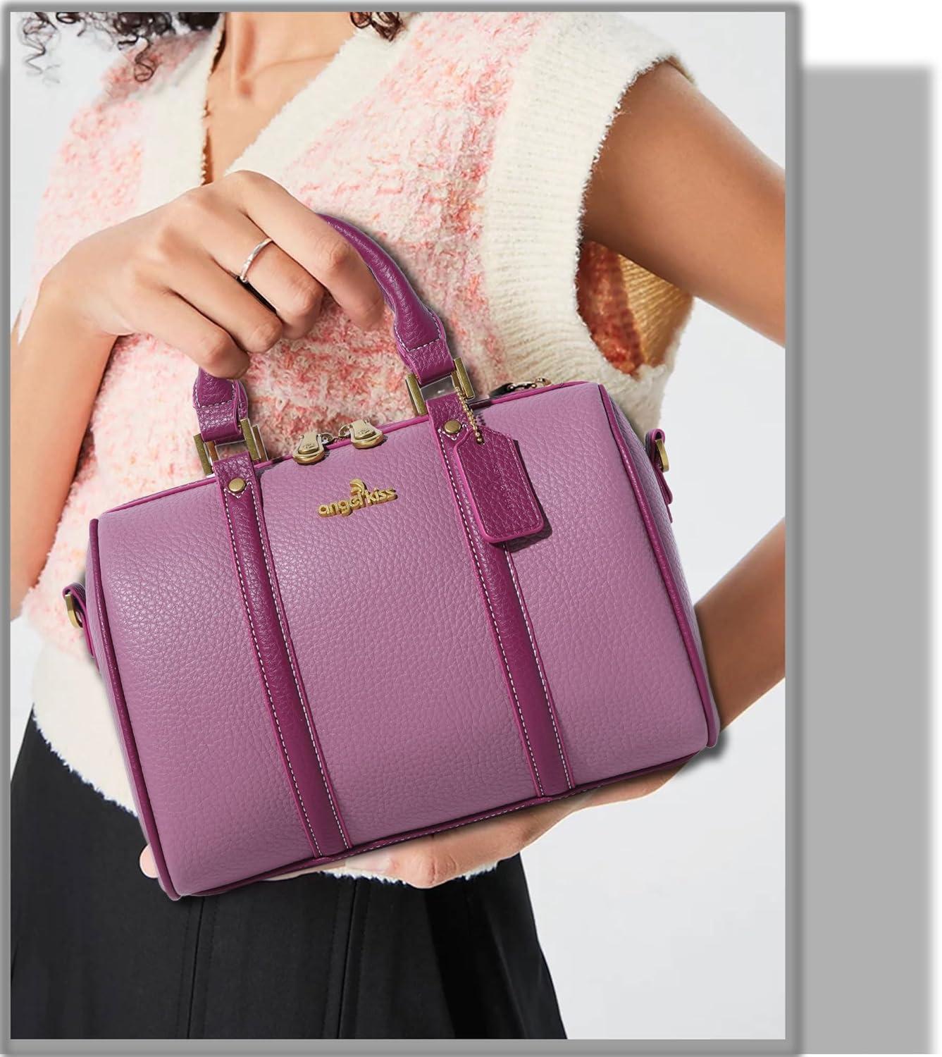 imageAngel Kiss Women Satchel Purses and Handbags Vegan Leather Boston Barrel Bag Top Handle Shoulder Purse with Crossbody Strap Vegan Leather Top Handle Crossbody StrapLight Purple
