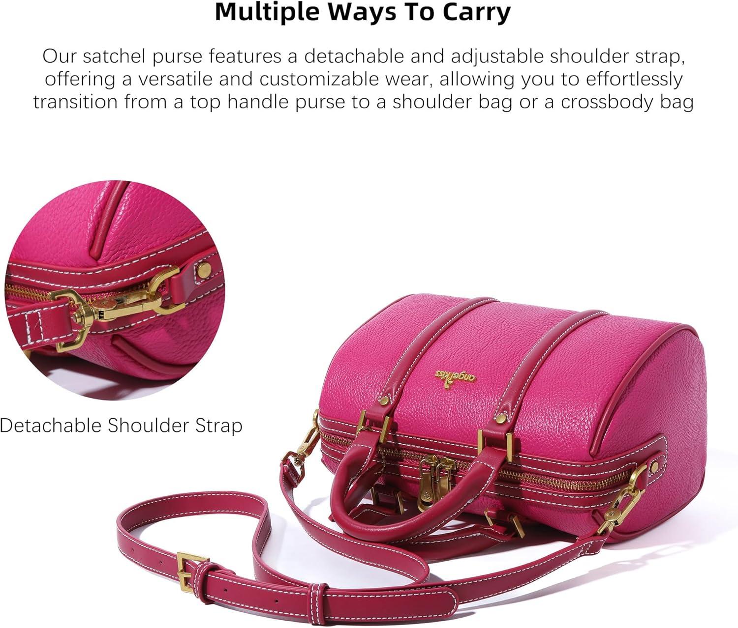 imageAngel Kiss Women Satchel Purses and Handbags Vegan Leather Boston Barrel Bag Top Handle Shoulder Purse with Crossbody Strap Vegan Leather Top Handle Crossbody StrapRose