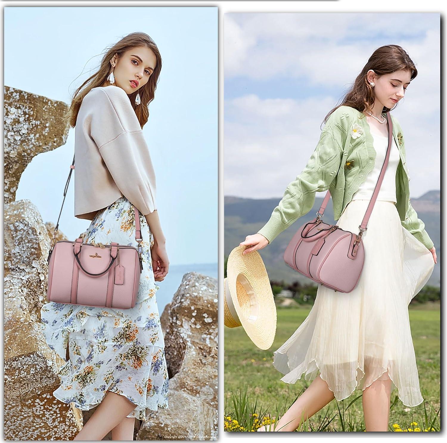 imageAngel Kiss Women Satchel Purses and Handbags Vegan Leather Boston Barrel Bag Top Handle Shoulder Purse with Crossbody Strap Vegan Leather Top Handle Crossbody StrapPink