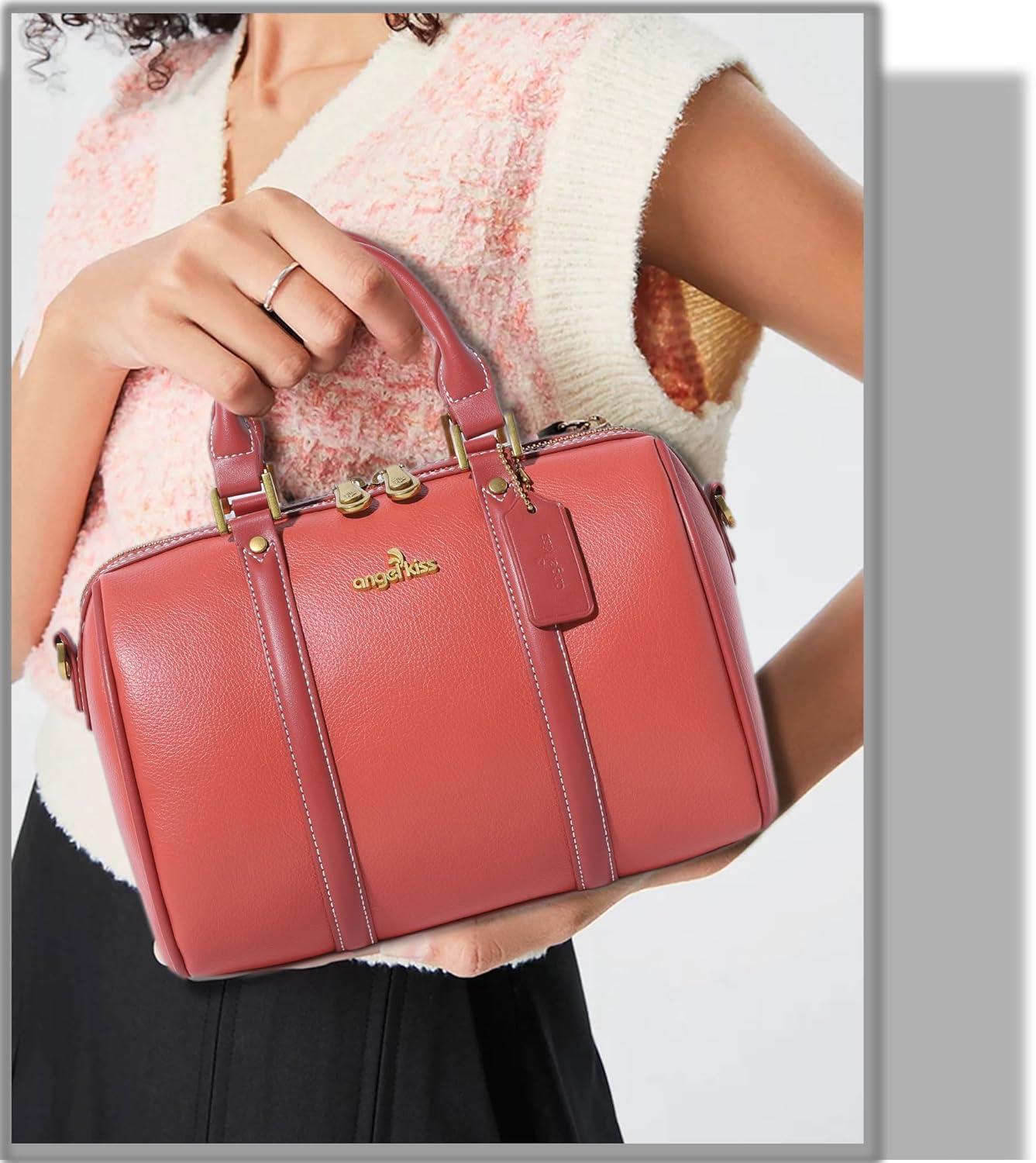 imageAngel Kiss Women Satchel Purses and Handbags Vegan Leather Boston Barrel Bag Top Handle Shoulder Purse with Crossbody Strap Vegan Leather Top Handle Crossbody StrapCoral