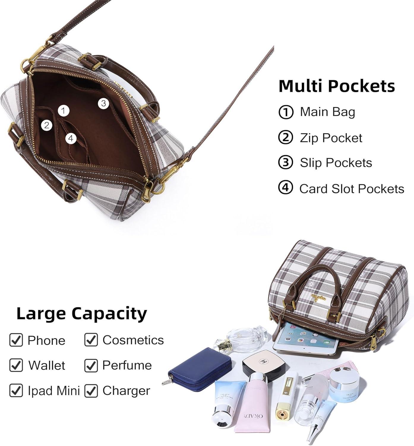 imageAngel Kiss Women Satchel Purses and Handbags Vegan Leather Boston Barrel Bag Top Handle Shoulder Purse with Crossbody Strap Vegan Leather Top Handle Crossbody StrapPlaid Taupe