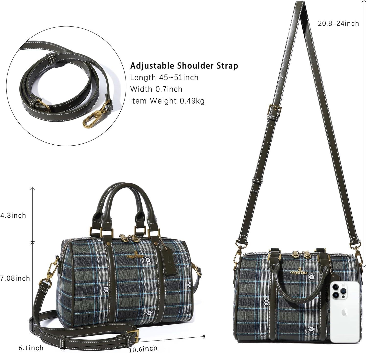 imageAngel Kiss Women Satchel Purses and Handbags Vegan Leather Boston Barrel Bag Top Handle Shoulder Purse with Crossbody Strap Vegan Leather Top Handle Crossbody StrapPlaid Green
