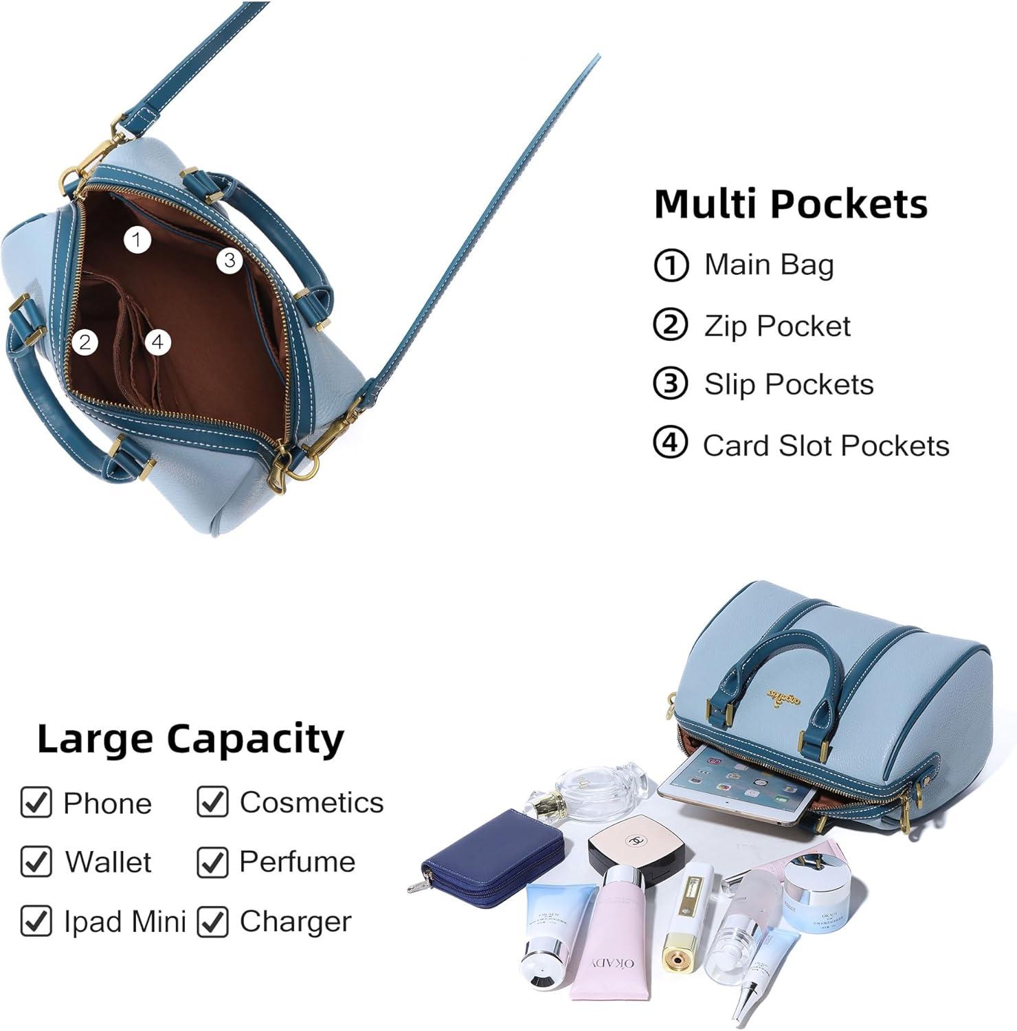 imageAngel Kiss Women Satchel Purses and Handbags Vegan Leather Boston Barrel Bag Top Handle Shoulder Purse with Crossbody Strap Vegan Leather Top Handle Crossbody StrapSky Blue