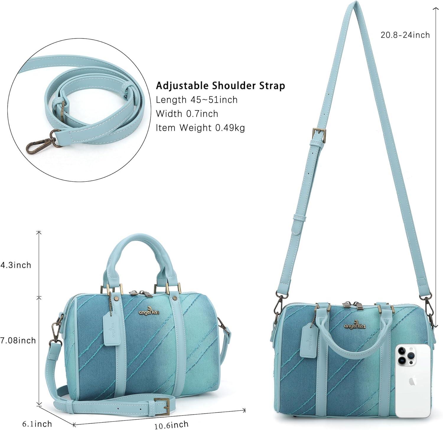 imageAngel Kiss Women Satchel Purses and Handbags Vegan Leather Boston Barrel Bag Top Handle Shoulder Purse with Crossbody Strap Vegan Leather Top Handle Crossbody StrapLight Blue
