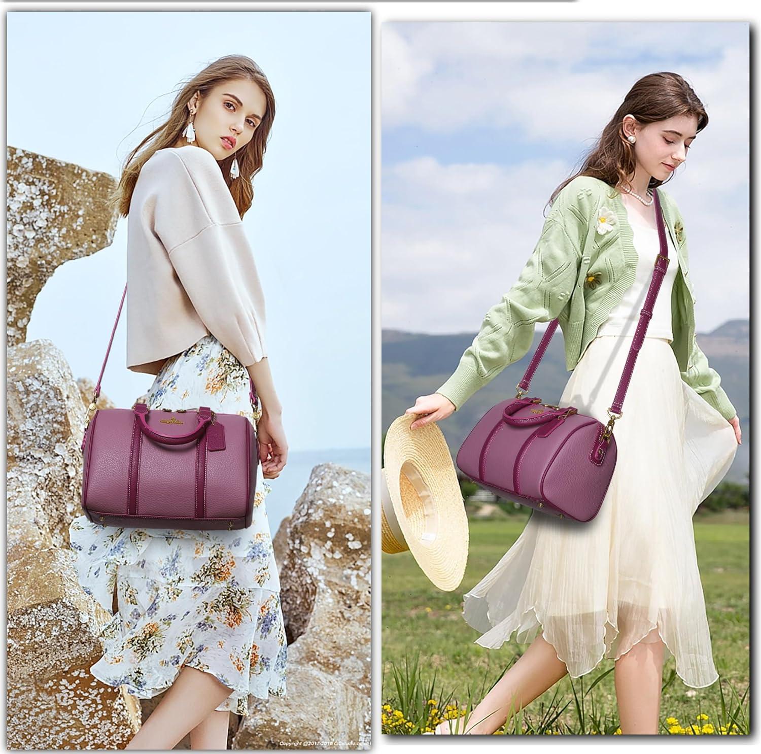imageAngel Kiss Women Satchel Purses and Handbags Vegan Leather Boston Barrel Bag Top Handle Shoulder Purse with Crossbody Strap Vegan Leather Top Handle Crossbody StrapLight Purple