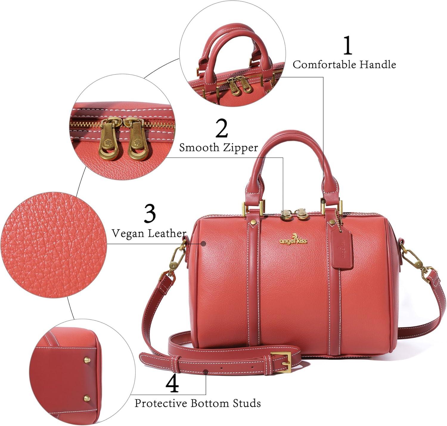 imageAngel Kiss Women Satchel Purses and Handbags Vegan Leather Boston Barrel Bag Top Handle Shoulder Purse with Crossbody Strap Vegan Leather Top Handle Crossbody StrapCoral