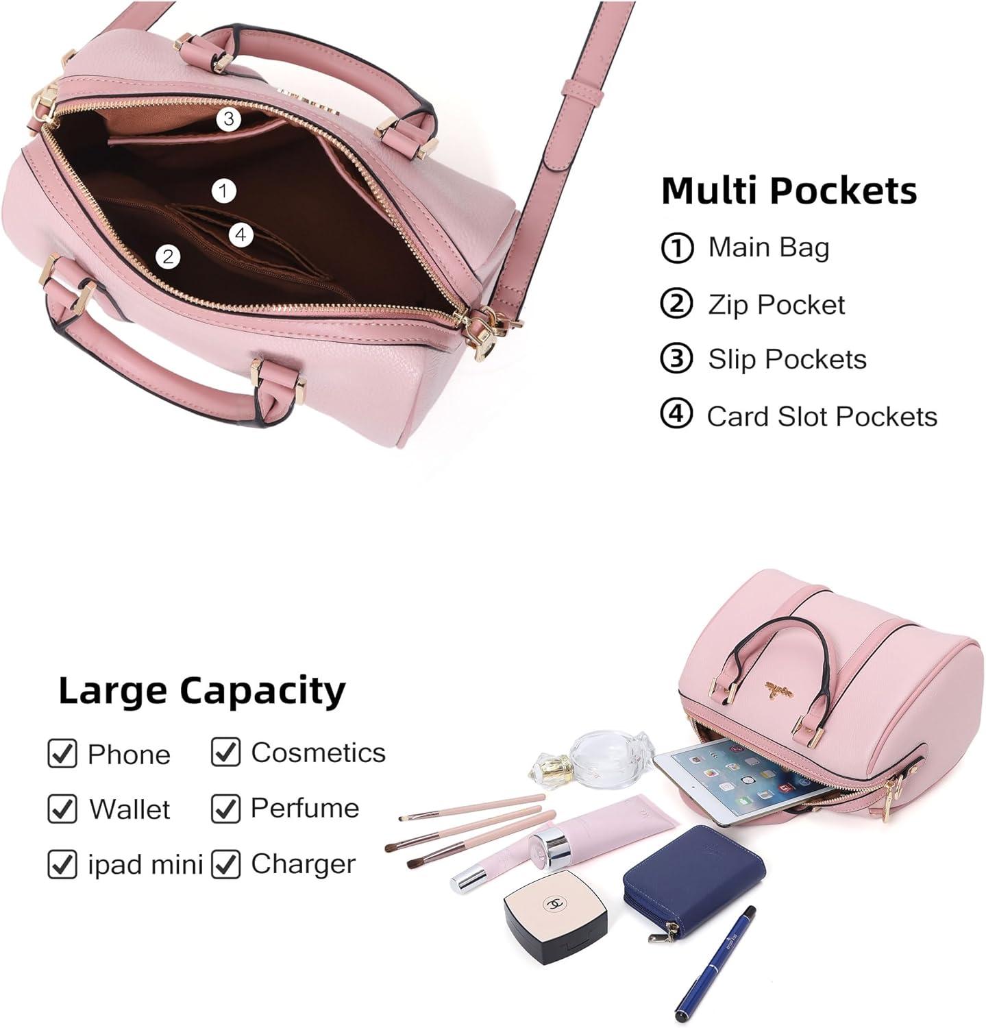 imageAngel Kiss Women Satchel Purses and Handbags Vegan Leather Boston Barrel Bag Top Handle Shoulder Purse with Crossbody Strap Vegan Leather Top Handle Crossbody StrapPink