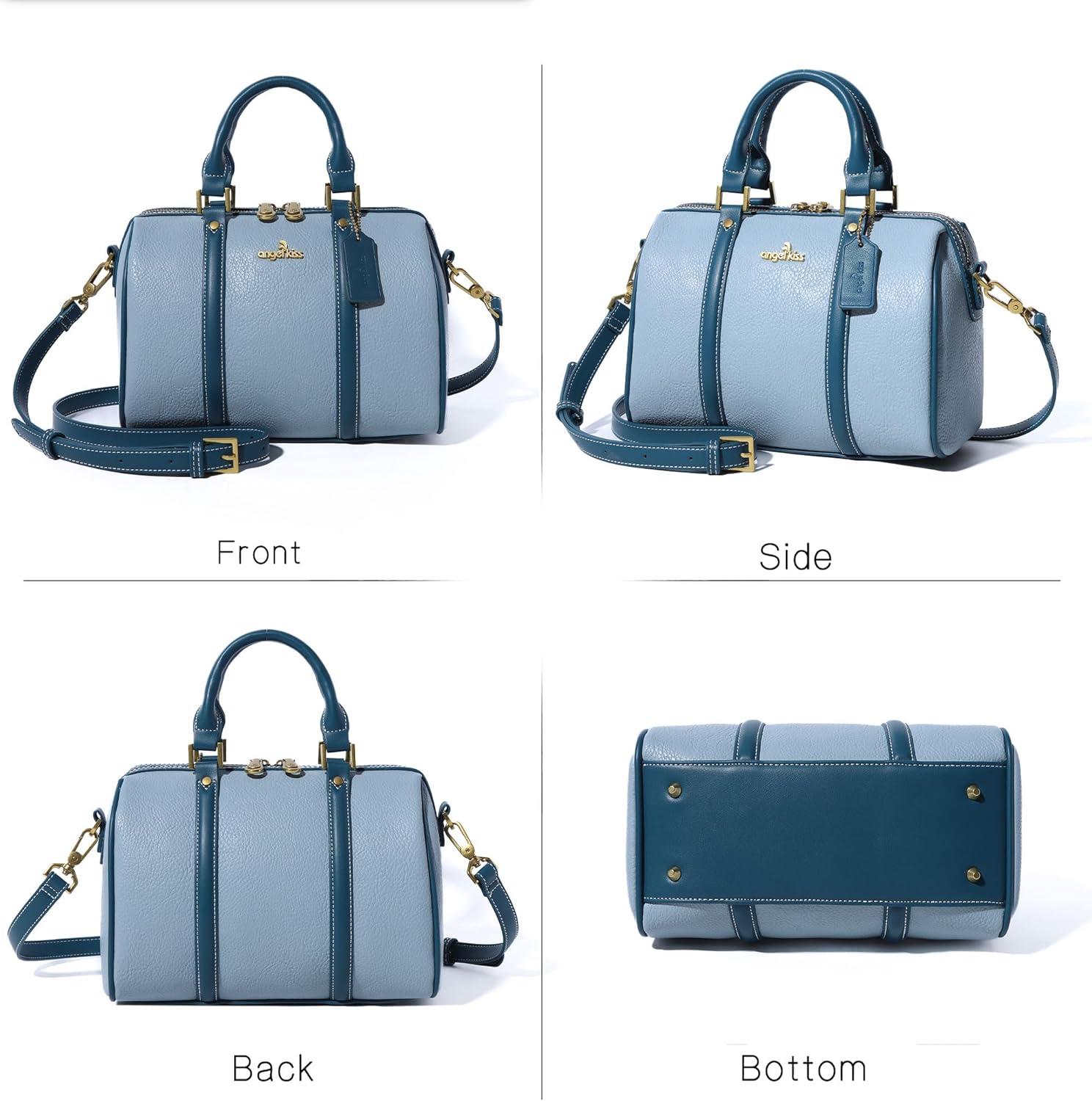 imageAngel Kiss Women Satchel Purses and Handbags Vegan Leather Boston Barrel Bag Top Handle Shoulder Purse with Crossbody Strap Vegan Leather Top Handle Crossbody StrapSky Blue