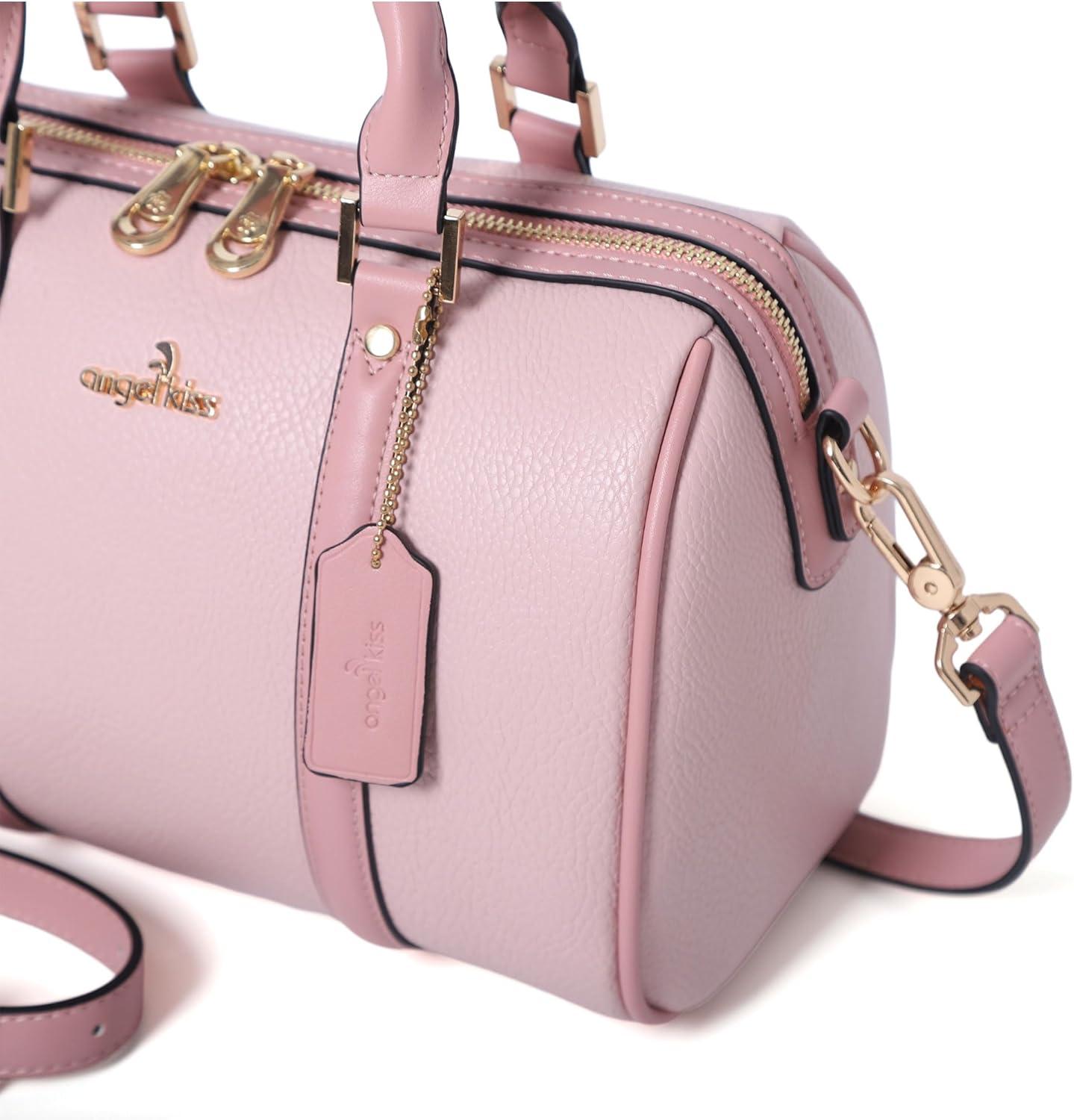 imageAngel Kiss Women Satchel Purses and Handbags Vegan Leather Boston Barrel Bag Top Handle Shoulder Purse with Crossbody Strap Vegan Leather Top Handle Crossbody StrapPink