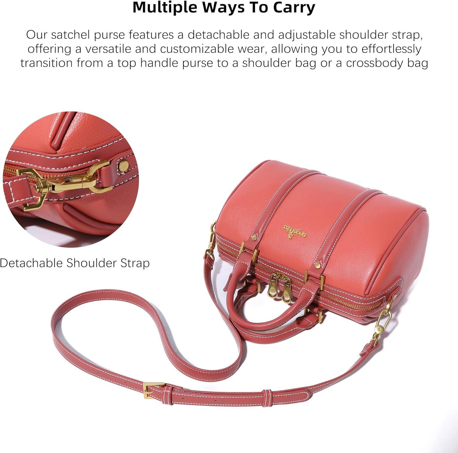 imageAngel Kiss Women Satchel Purses and Handbags Vegan Leather Boston Barrel Bag Top Handle Shoulder Purse with Crossbody Strap Vegan Leather Top Handle Crossbody StrapCoral