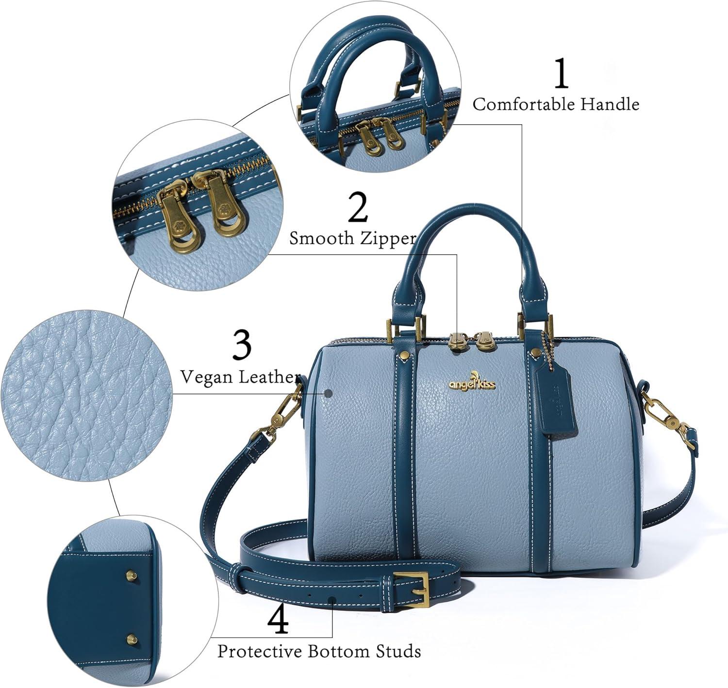 imageAngel Kiss Women Satchel Purses and Handbags Vegan Leather Boston Barrel Bag Top Handle Shoulder Purse with Crossbody Strap Vegan Leather Top Handle Crossbody StrapSky Blue