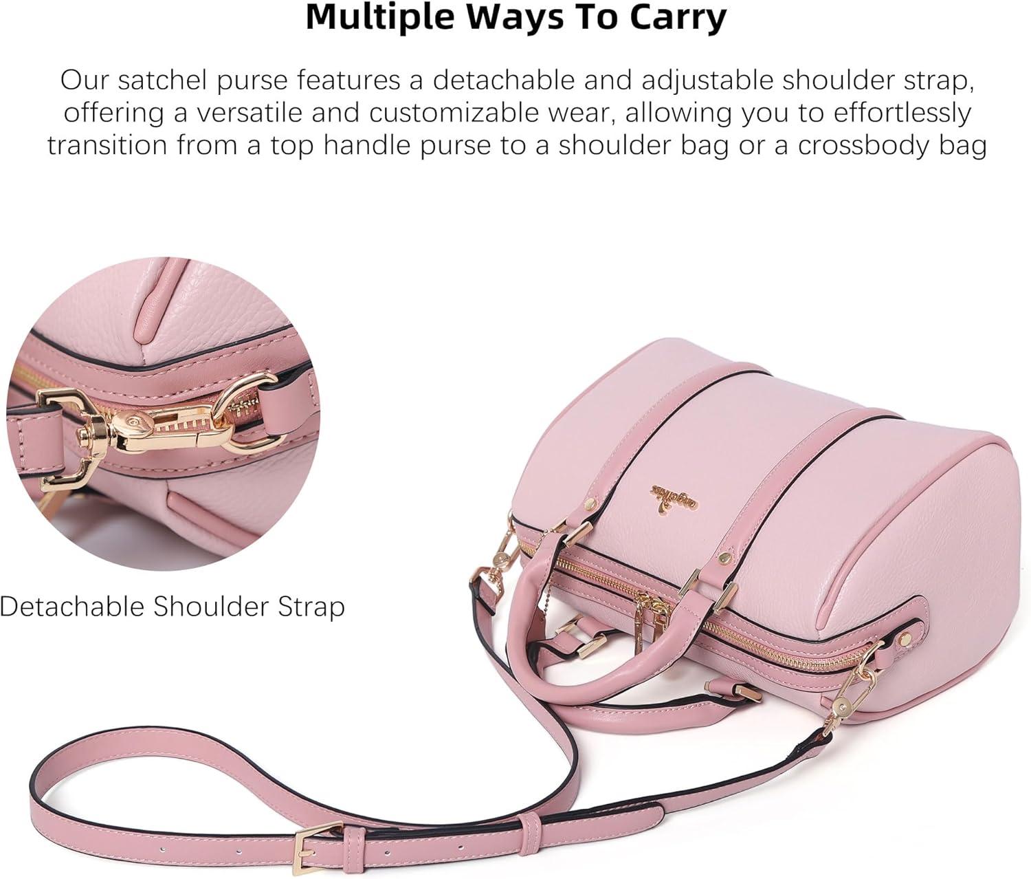 imageAngel Kiss Women Satchel Purses and Handbags Vegan Leather Boston Barrel Bag Top Handle Shoulder Purse with Crossbody Strap Vegan Leather Top Handle Crossbody StrapPink