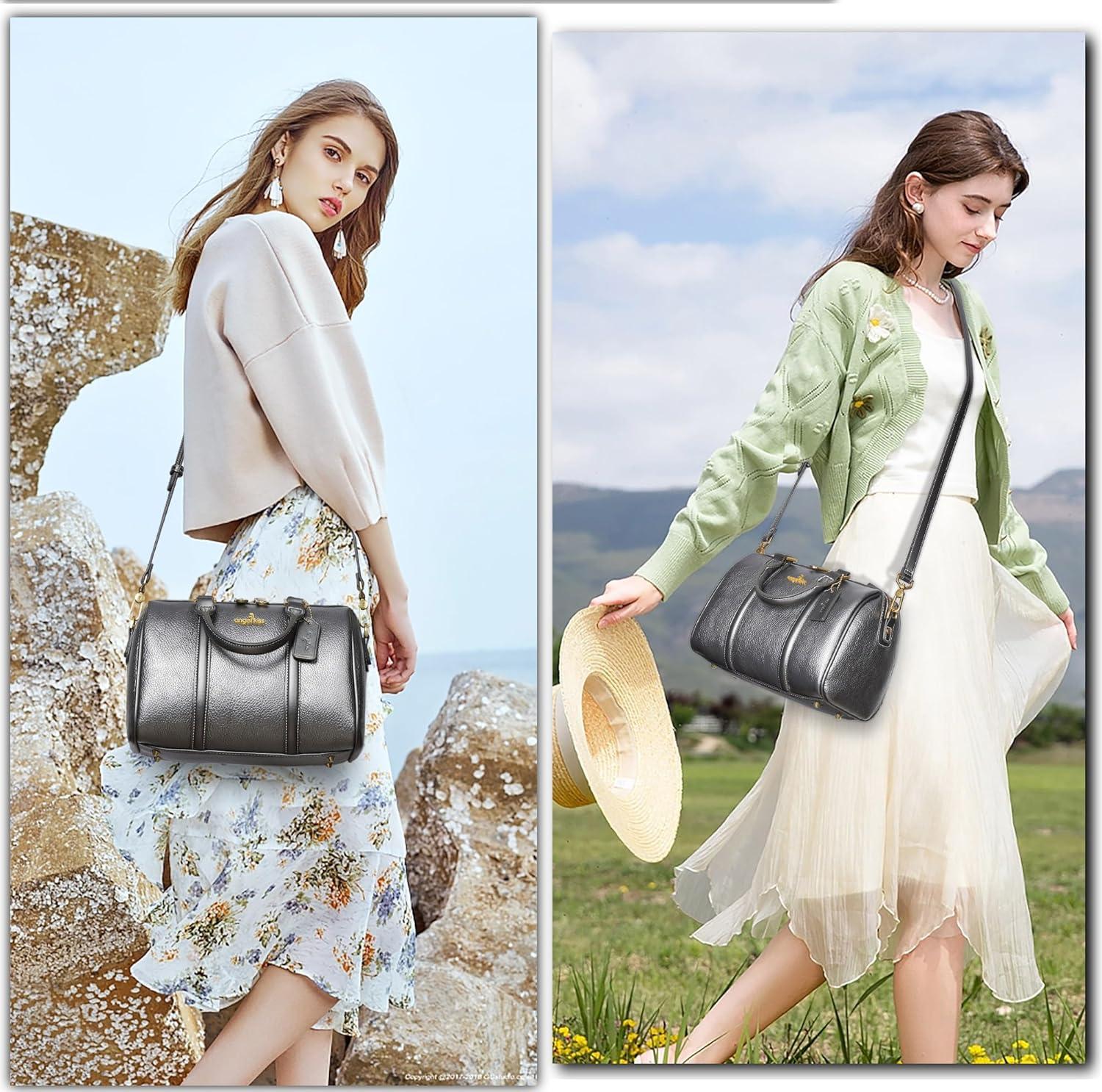 imageAngel Kiss Women Satchel Purses and Handbags Vegan Leather Boston Barrel Bag Top Handle Shoulder Purse with Crossbody Strap Vegan Leather Top Handle Crossbody StrapPewter
