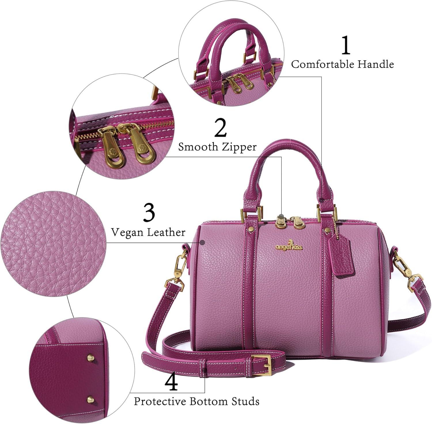 imageAngel Kiss Women Satchel Purses and Handbags Vegan Leather Boston Barrel Bag Top Handle Shoulder Purse with Crossbody Strap Vegan Leather Top Handle Crossbody StrapLight Purple